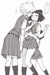  al_bhed_eyes arms_around_waist bearhug blush chin_grab dress_shirt eye_contact hair_bun hana-kagume hug hug_from_behind kakura_kurumi kneehighs kosegawa_shiromi looking_at_another miniskirt miyamori_school_uniform monochrome multiple_girls pleated_skirt ribbon saki school_uniform shirt short_hair skirt sweatdrop usuzawa_sae vest yuri 