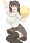  ;d arm_up black_hair black_legwear bra breasts brown_eyes green_bra hair_ribbon heart heart-shaped_pupils large_breasts leg_up long_hair ogros one_eye_closed open_mouth original pleated_skirt pom_poms ribbon school_uniform see-through shirt simple_background skirt smile solo sweat symbol-shaped_pupils thighhighs twintails underwear wet wet_clothes wet_shirt white_background 