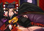  bare_shoulders black_hair black_wings breasts cleavage dead_or_alive dead_or_alive_5 detached_sleeves eyeliner fan feathered_wings hair_ornament hair_stick hair_tubes hat japanese_clothes large_breasts lipstick makeup nyotengu purple_eyes reclining rud-k sidelocks smile socks solo tengu tokin_hat wings 