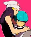  1girl beanie blue_eyes blue_hair blush hair_kiss hat hetero hikari_(pokemon) li_sakura pokemon pokemon_(game) pokemon_dppt team_galactic team_galactic_grunt 