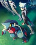  3boys blue_hair li_sakura multiple_boys pokemon pokemon_(creature) pokemon_(game) pokemon_dppt saturn_(pokemon) team_galactic team_galactic_grunt toxicroak 