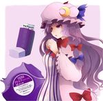  arano_oki asthma bow crescent crescent_hair_ornament hair_bow hair_ornament hat inhaler long_hair medicine patchouli_knowledge product_placement purple_eyes purple_hair solo touhou wavy_hair 