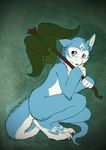  blue_fur dragon fur furred_dragon green_background kneeling leaves plain_background smile solo umbrella yaroul 