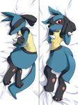  &#12356;&#12377; ambiguous_gender anthro blue_fur blush canine dakimakura fur looking_at_viewer lucario lying mammal nintendo open_mouth paws pillow pok&#233;mon pok&eacute;mon red_eyes sleeping solo spikes teeth three_toes unknown_artist video_games 