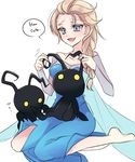  barefoot blonde_hair blue_dress blue_eyes braid cape dress elsa_(frozen) english frozen_(disney) heartless highres kingdom_hearts kokuchuutei long_hair no_pupils see-through shadow_(kingdom_hearts) side_slit single_braid sitting sitting_on_lap sitting_on_person wariza yellow_eyes 