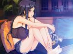 absurdres alcohol ass bare_shoulders barefoot beer beer_can blue_hair blush breast_press breasts camisole can classy_cranberry's cleavage couch crop_top cutoffs denim denim_shorts feet food_in_mouth happoubi_jin highres huge_breasts huge_filesize legs light_smile long_hair oze_kyouka pillow purple_eyes short_shorts shorts sitting smile soles solo thighs toes 