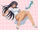  :o bare_shoulders black_hair blue_eyes breasts captain_earth creature dark_skin dress large_breasts long_hair mutou_hana nigou pink_background pitz sandals two_side_up 