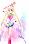  back_bow bad_id bad_pixiv_id bishoujo_senshi_sailor_moon blonde_hair blue_eyes blue_sailor_collar boots bow brooch choker double_bun elbow_gloves gloves hair_ornament hairpin heart heart_choker holding holding_wand jewelry knee_boots long_hair magical_girl multicolored multicolored_clothes multicolored_skirt pleated_skirt red_bow ribbon sailor_collar sailor_moon sailor_senshi_uniform skirt smile solo spiral_heart_moon_rod standing super_sailor_moon tiara torao_(torakmn) tsukino_usagi twintails wand white_gloves 