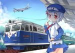  aircraft airplane albino bag building china_railway_girl day ground_vehicle hair_ornament hat locomotive looking_at_viewer original parted_lips pleated_skirt red_eyes saru short_hair shoulder_bag silver_hair skirt sky solo star star_hair_ornament train train_station whistle white_hair 