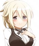  alternate_costume alternate_hairstyle aoyama_blue_mountain arm_at_side bartender black_bow black_neckwear black_vest blonde_hair blush bow bowtie breast_suppress breasts closed_mouth collared_shirt eyebrows_visible_through_hair gochuumon_wa_usagi_desu_ka? hair_between_eyes hand_on_own_chest high_ponytail large_breasts long_hair purple_eyes shirt simple_background smile solo striped striped_bow striped_neckwear taka_(takalight) upper_body vest white_shirt wing_collar 