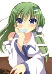  blue_eyes breast_rest breasts chimunge chin_rest cleavage collarbone detached_sleeves elbow_rest food food_in_mouth frog_hair_ornament green_hair hair_ornament hair_tubes head_rest highres kochiya_sanae large_breasts long_hair looking_at_viewer popsicle simple_background snake_hair_ornament solo table touhou white_background 
