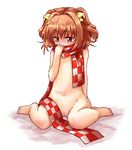  bell blush brown_hair cleft_of_venus embarrassed hair_bell hair_ornament motoori_kosuzu naked_scarf navel nibi nude pink_eyes pussy scarf scarf_over_mouth sitting solo touhou two_side_up wariza 