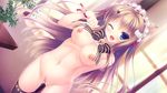  1girl animal_ears blue_eyes blush breasts brown_hair cat_ears cleft_of_venus detached_collar hair_ornament long_hair looking_at_viewer nekomori_mike nipples nude nyan_cafe_macchiato open_mouth pussy pussy_juice standing thighhighs thighs uncensored very_long_hair yukie_(peach_candy) 