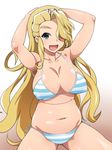  :d ahoge armpits arms_up ass_visible_through_thighs bangs bikini blonde_hair blue_bikini blue_eyes breasts cleavage collarbone covered_nipples cowboy_shot elf_k gradient gradient_background hair_over_one_eye hairband hands_on_own_head happy kondou_isami_(sengoku_collection) large_breasts long_hair looking_at_viewer navel open_mouth puffy_nipples sengoku_collection shiny shiny_skin sideboob sidelocks sitting smile solo string_bikini striped striped_bikini striped_swimsuit swimsuit very_long_hair wavy_hair white_bikini 