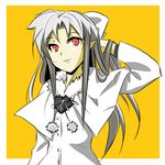  bow capelet flat_chest hair_bow hand_in_hair higurashi_(kenju) long_hair melty_blood pointy_ears red_eyes smile solo tsukihime white_hair white_len 