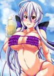  alcohol beer bikini blush breasts cleavage commentary_request cup drunk frilled_bikini frills highres large_breasts long_hair misakana mug red_eyes silver_hair swimsuit vocaloid voyakiloid yowane_haku 