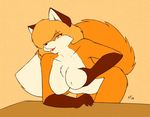  amber_eyes anthro big_breasts black_nose blonde_hair breasts brown_fur canine female fluffy_tail fox fur hair holding_breasts leaning looking_at_viewer mammal nude open_mouth orange_fur plain_background smile solo starfighter white_fur 