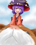  blue_sky bowl bowl_hat cat cloud collarbone day hat japanese_clothes kimono long_sleeves mono_(mono60) open_mouth purple_eyes purple_hair riding sash sky smile sukuna_shinmyoumaru touhou wide_sleeves 