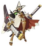  1girl arc_system_works beltbra coat creature dark_skin dual_swords guilty_gear guilty_gear_xrd hat orange_eyes ramlethal_valentine short_shorts shorts white_hair 