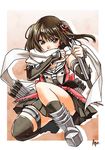  abo_(hechouchou) bangs brown_eyes brown_hair gloves highres kantai_collection remodel_(kantai_collection) reverse_grip scarf sendai_(kantai_collection) short_hair skirt solo squatting torpedo two_side_up white_scarf 