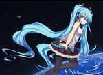  aqua_eyes aqua_hair blush detached_sleeves earth floating floating_hair hatsune_miku hayabusa_(spacecraft) headphones headset highres letterboxed long_hair necktie orbit revision satellite sei000 skirt smile solo space space_craft striped striped_legwear thighhighs twintails very_long_hair vocaloid 