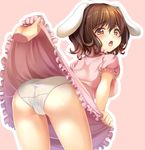  animal_ears ass blush breasts brown_eyes brown_hair bunny_ears cameltoe disembodied_limb dress dress_lift ecou inaba_tewi looking_at_viewer looking_back medium_breasts open_mouth panties pink_background pink_dress pov pov_hands puffy_short_sleeves puffy_sleeves short_hair short_sleeves simple_background solo_focus touhou underwear white_panties 