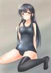  :o agano_(kantai_collection) black_hair black_legwear blush breasts covered_navel doyachii green_eyes grey_background highres kantai_collection large_breasts long_hair looking_at_viewer one-piece_swimsuit open_mouth school_swimsuit simple_background single_thighhigh sitting skindentation solo swimsuit thighhighs wariza 