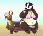  badger beach bench big_breasts bikini breasts chubby cleavage clothed clothing duo female ferret food fur ice_cream licking mammal midriff mustelid navel oddwilds paws seaside sitting size_difference smile swimsuit tongue 