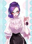  :o blouse blue_eyes braid glasses looking_at_viewer my_little_pony my_little_pony_friendship_is_magic needle open_mouth personification pigeon666 pincushion purple_hair rarity red-framed_eyewear skirt solo 