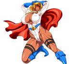 blonde_hair breasts cape dark_skin dc_comics gloves highres large_breasts lilith-soft long_hair muscle power_girl power_girl_(cosplay) power_lady simple_background taimanin_asagi white_background 