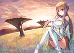  armor blush brown_eyes brown_hair feihong long_hair sunset sword_art_online thighhighs yuuki_asuna 