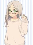  blush glasses green_eyes highres long_hair looking_at_viewer original oza_watto silver_hair smile solo sweater 