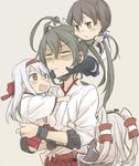  amatsukaze_(kantai_collection) annoyed bad_id bad_twitter_id brown_hair chibi commentary green_hair grey_background grey_eyes grey_hair hairband japanese_clothes kaga_(kantai_collection) kantai_collection long_hair miko multiple_girls ree_(re-19) short_hair shoukaku_(kantai_collection) side_ponytail simple_background skirt thighhighs twintails two_side_up white_hair younger zuikaku_(kantai_collection) 