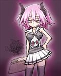  book breasts demon_girl disgaea horns makai_senki_disgaea_3 pink_eyes pink_hair pointy_ears raspberyl short_hair skirt thighhighs 