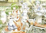  blush cirno commentary_request contemporary fan feeding food ground_vehicle kazami_yuuka letty_whiterock master_(4th) motor_vehicle motorcycle mouth_hold multiple_girls one_eye_closed paper_fan popsicle real_world_location sleeveless touhou traditional_media uchiwa wriggle_nightbug 