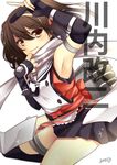  agekichi_(heart_shape) arm_up armpits bad_id bad_pixiv_id bangs brown_eyes brown_hair double-breasted elbow_gloves fingerless_gloves gloves kantai_collection remodel_(kantai_collection) scarf sendai_(kantai_collection) short_hair skirt smile solo torpedo two_side_up white_scarf 