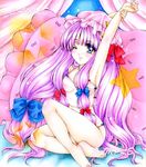  arm_up bare_legs bed breasts crop_top hair_ribbon hat lace lace-trimmed_panties long_hair medium_breasts midriff mob_cap muhmi one_eye_closed panties patchouli_knowledge pillow plantar_flexion purple_eyes purple_hair purple_panties ribbon sample sitting solo stretch touhou tress_ribbon underwear very_long_hair 