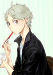  blurry bowl brown_eyes chair chopsticks depth_of_field eating food food_on_face haikyuu!! holding holding_food jacket looking_at_viewer male_focus ogino_atsuki rice rice_bowl silver_hair sitting solo striped sugawara_koushi thick_eyebrows wallpaper 