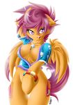  anthro arm_behind_head blush bracelet breasts cleavage clothed clothing cutie_mark equine female friendship_is_magic fur hair hi_res hooves jewelry knifeh looking_at_viewer mammal my_little_pony necklace open_mouth orange_fur pegasus pink_hair plain_background pose purple_eyes purple_hair puruple_eyes scootaloo_(mlp) shirt short_hair smile solo standing thighs white_background wings yellow_fur 