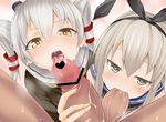  amatsukaze_(kantai_collection) biting biting_testicles blonde_hair blush brown_eyes censored cum cum_in_mouth dress fellatio group_sex hairband heart heart-shaped_pupils hetero kantai_collection long_hair looking_at_viewer morochin_(mo_loss_an) multiple_fellatio multiple_girls oral penis sailor_dress school_uniform serafuku shimakaze_(kantai_collection) silver_hair solo_focus sucking_testicles symbol-shaped_pupils testicles twintails 