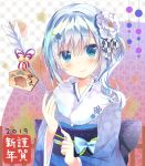  1girl 2019 arrow bangs bell blue_eyes blue_hair blue_kimono blue_nails blush chinese_zodiac closed_mouth commentary_request ema eyebrows_visible_through_hair fingernails flower fur_collar hair_between_eyes hair_flower hair_ornament hamaya holding_arrow japanese_clothes jingle_bell kimono long_hair long_sleeves looking_at_viewer nail_polish obi original sash shiiba_nae smile solo upper_body white_flower wide_sleeves year_of_the_pig 