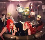  5boys akatsuki_(naruto) akatsuki_uniform black_hair blonde_hair drunk family forehead_protector haruno_sakura indoors instrument karaoke konohagakure_symbol long_hair multiple_boys multiple_girls namikaze_minato naruto_(series) naruto_shippuuden ninja oba-min pink_hair red_hair short_hair sitting smile sparkle spiked_hair tambourine translated uchiha_fugaku uchiha_itachi uchiha_mikoto uchiha_sasuke uzumaki_kushina uzumaki_naruto whisker_markings 