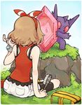  bandana bike_shorts bracelet brown_hair gen_3_pokemon hair_brush haruka_(pokemon) ikra_(katacoly) jewelry mega_pokemon mega_sableye mirror mundane_utility pokemon pokemon_(creature) pokemon_(game) pokemon_oras sableye 