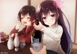  2girls alternate_costume bottle brown_hair chinese_zodiac closed_mouth cup drinking_glass drinking_straw eating eyebrows_visible_through_hair eyes_closed glass_bottle gradient_hair holding holding_bottle holding_cup hood hoodie juice kantai_collection kisaragi_(kantai_collection) long_hair multicolored_hair multiple_girls mutsuki_(kantai_collection) new_year ootori_(kyoya-ohtori) open_mouth purple_eyes red_hair red_hoodie ribbed_sweater short_hair sweater tatami twitter_username white_sweater wine_bottle year_of_the_pig 