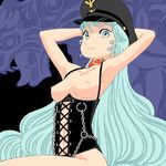  aqua_eyes aqua_hair armpits black_background breasts breasts_outside chain collar collarbone corset cote drawr hair_down hands_on_own_head hat long_hair military_hat nazi nipples no_panties original reichsadler simple_background smile solo very_long_hair 