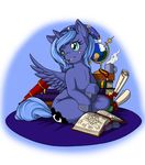  blue_eyes blush book cup cutie_mark elements_of_harmony equine female friendship_is_magic globe hat horn longinius mammal my_little_pony nightcap princess_luna_(mlp) scroll sitting solo steam winged_unicorn wings young 