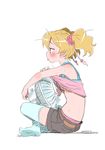  blonde_hair blush breasts crossed_legs electric_fan fresh_precure! highres hot isedaichi_ken momozono_love pink_eyes pink_tank_top precure short_hair shorts simple_background small_breasts solo sweat tongue tongue_out twintails white_background 