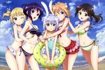  5girls :d :o ;) absurdres alternate_hairstyle animal_ears animedia aqua_eyes aqua_swimsuit arms_around_neck bangs beach between_legs bikini bikini_skirt black_hair blonde_hair blue_bikini blue_eyes blue_hair blush bow breasts bunny_ears casual_one-piece_swimsuit cloud cowboy_shot day double_bun fake_animal_ears fisheye flat_chest folded_ponytail frilled_bikini frilled_swimsuit frills from_side gochuumon_wa_usagi_desu_ka? green_bikini green_eyes hair_between_eyes hair_up hairband hands_on_another's_shoulders happy highres hips holding_arm hoto_cocoa hug hug_from_behind innertube kafuu_chino kirima_sharo leaning_forward leg_lift leg_up legs_apart legs_together light_smile lineup looking_at_viewer multiple_girls navel ocean official_art one-piece_swimsuit one_eye_closed open_mouth orange_hair outdoors parted_bangs pink_bikini polka_dot purple_eyes purple_hair raised_eyebrows scan short_hair side-tie_bikini side_bun side_ponytail sideboob sidelocks sky smile standing standing_on_one_leg striped striped_bikini surprised swimsuit tedeza_rize thigh_gap toya_kento ujimatsu_chiya v_arms water white_bikini yuri 