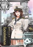  america blue_eyes brown_hair card_(medium) card_parody character_name commentary_request garter_straps hat jeanex kantai_collection long_sleeves looking_at_viewer military military_hat military_uniform naval_uniform neckerchief original pacific solo thighhighs translation_request uniform us_navy uss_louisiana_(pacific) 