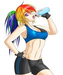  clothed clothing female fingerless_gloves friendship_is_magic gloves hair hand_on_hip holding human humanized mammal multi-colored_hair my_little_pony navel one_eye_closed open_mouth plain_background purple_eyes rainbow_dash_(mlp) rainbow_hair skimpy solo white_background zantyarz 